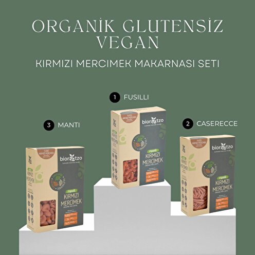 Organik Glütensiz Vegan Kırmızı Mercimek Makarna Seti 3 Paket x 200g