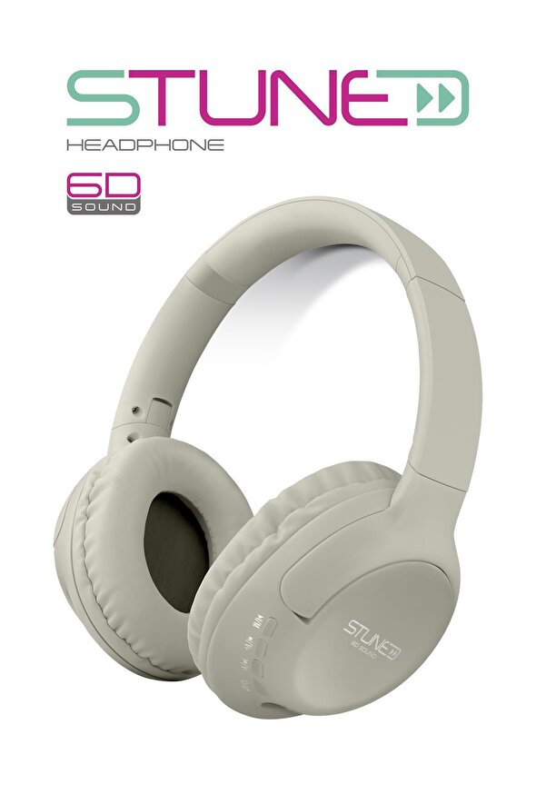 Stune Kulaküstü Bej Bluetooth Kulaklık Hafıza Kartı 6D Sound 18 Saat Kullanım Süresi