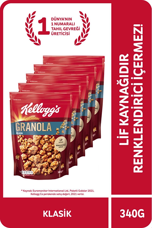 Kellogg's Granola Klasik 340 Gr x 5 Adet, 56 Yulaf içerir, Lif Kaynağı