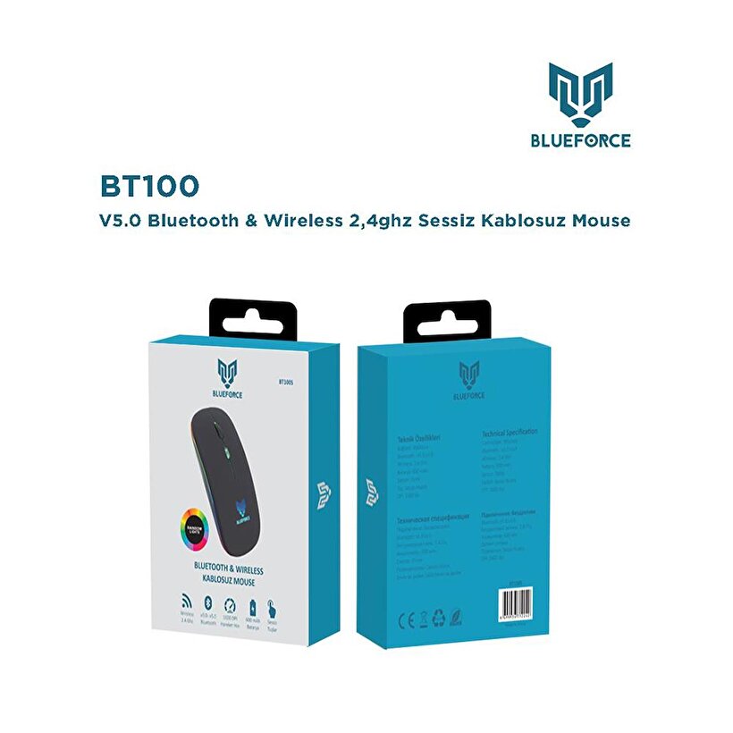 Blueforce 2,4Ghz Bluetooth Wireless Kablosuz Sessiz Mouse Siyah Işıklı ...